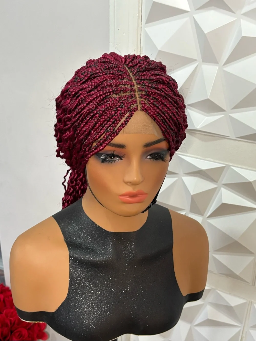 Handmade Boho curly twist Braided Closure Wig Burgundy Lightweight Natural Densi